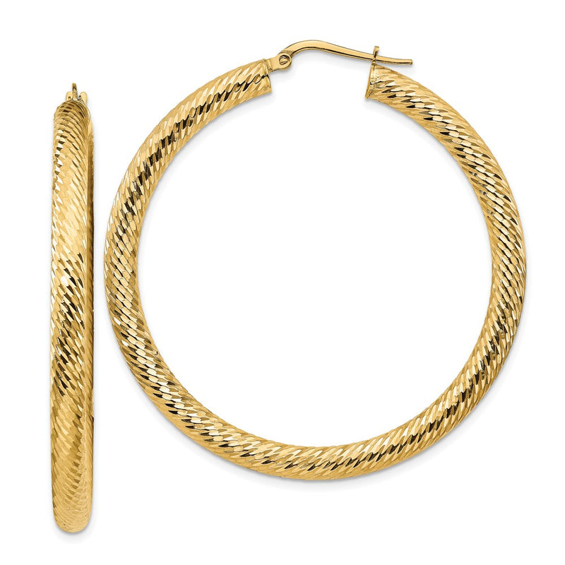 14K Yellow Gold 4X50mm Diamond-Cut Round Hoop Earrings