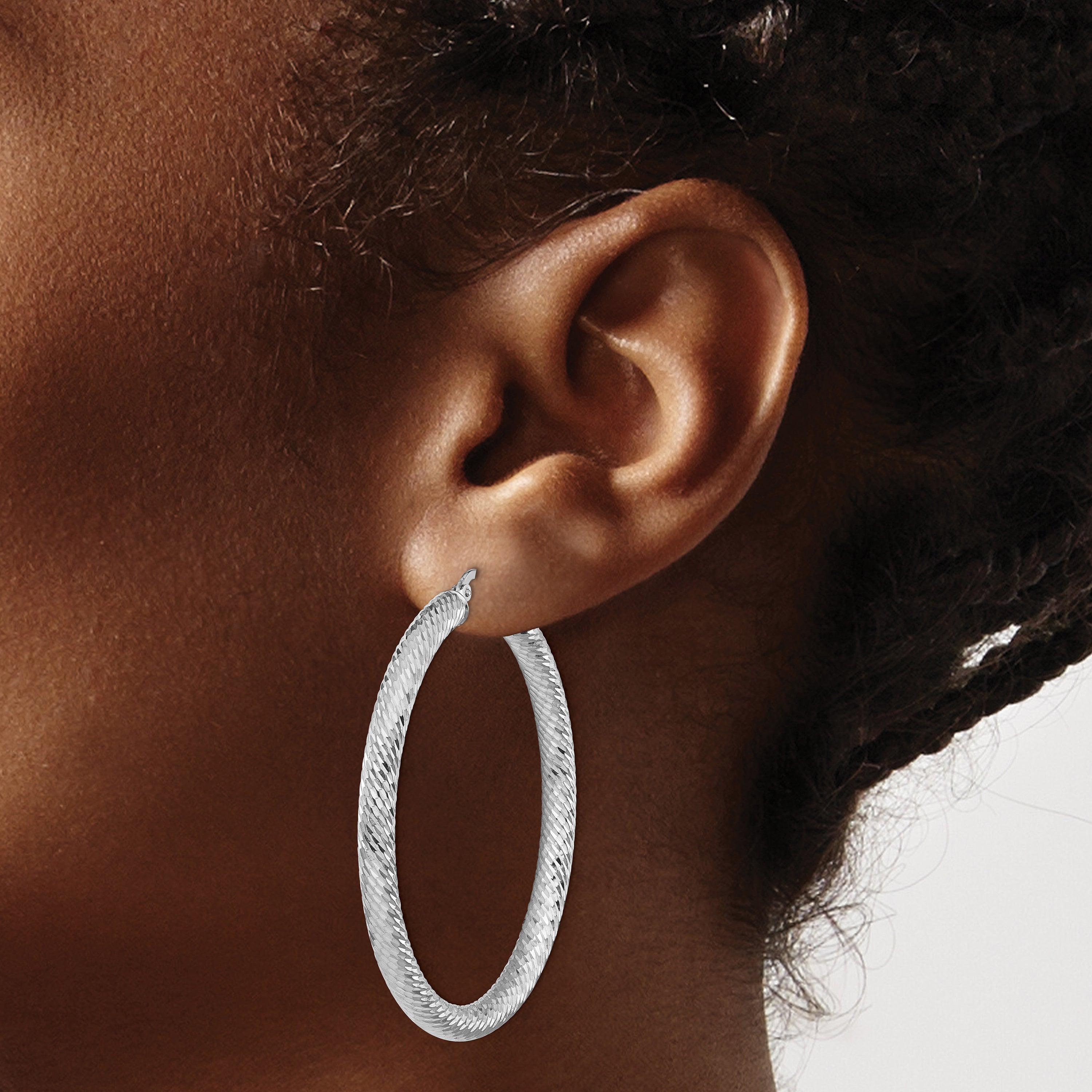 14K White Gold 4X40mm Diamond-Cut Round Hoop Earrings