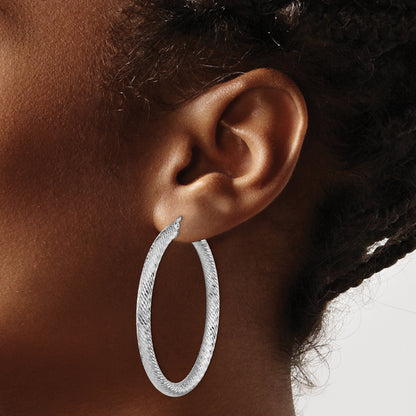 14K White Gold 4X40mm Diamond-Cut Round Hoop Earrings