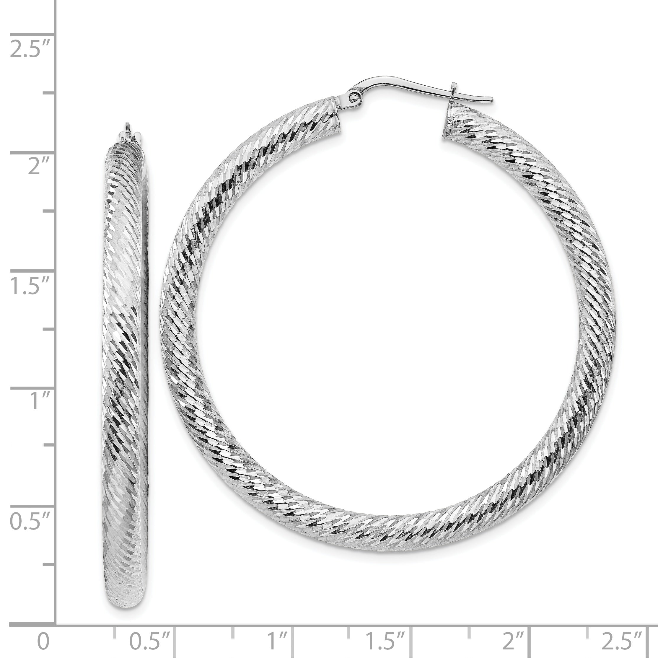14K White Gold 4X40mm Diamond-Cut Round Hoop Earrings