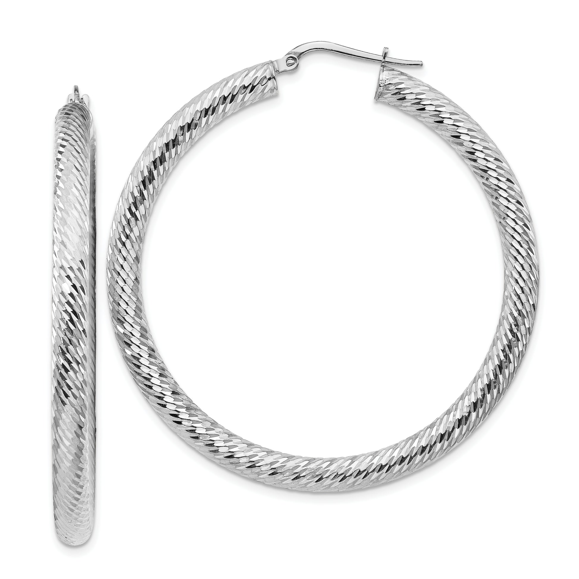 14K White Gold 4X40mm Diamond-Cut Round Hoop Earrings