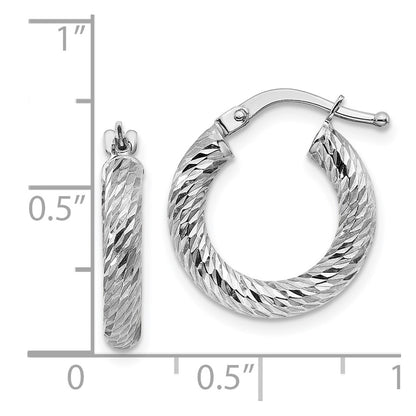 14K White Gold 3X10mm Diamond-Cut Round Hoop Earrings