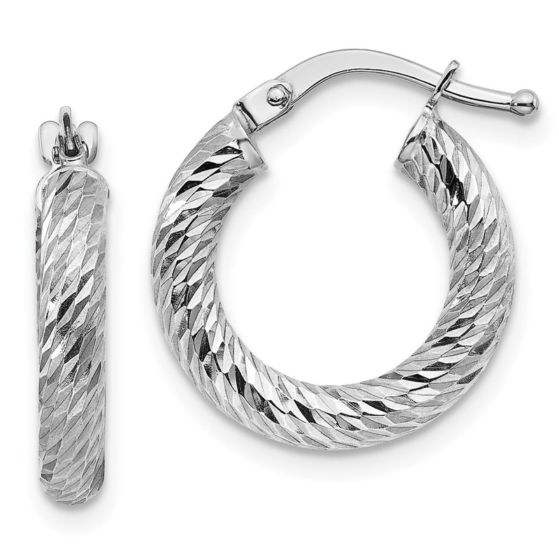 14K White Gold 3X10mm Diamond-Cut Round Hoop Earrings