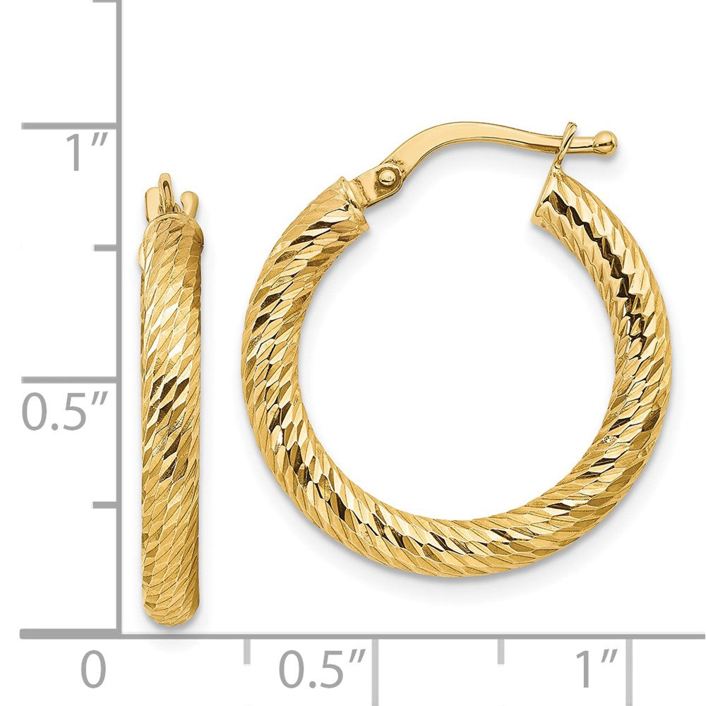 14K Yellow Gold Polished 3mm Diamond-Cut Round Hoop Earrings