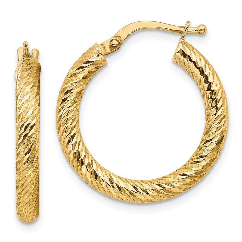 14K Yellow Gold Polished 3mm Diamond-Cut Round Hoop Earrings
