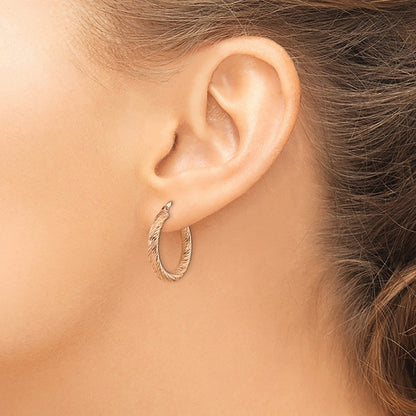 14K Rose Gold 3X20mm Diamond-Cut Round Hoop Earrings