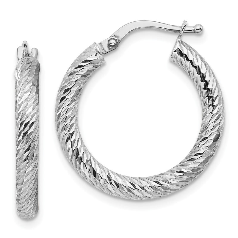 14K White Gold Polished 3mm Diamond-Cut Round Hoop Earrings