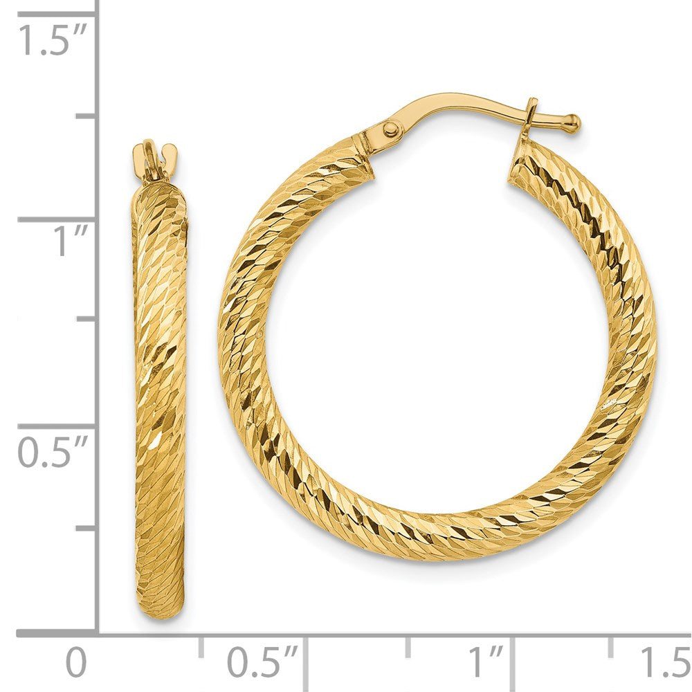 14K Yellow Gold 3X20mm Diamond-Cut Round Hoop Earrings
