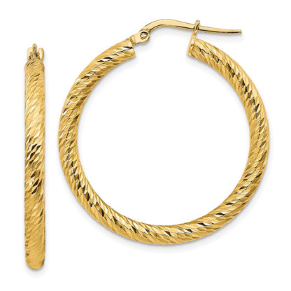 14K Yellow Gold 3X25mm Diamond-Cut Round Hoop Earrings