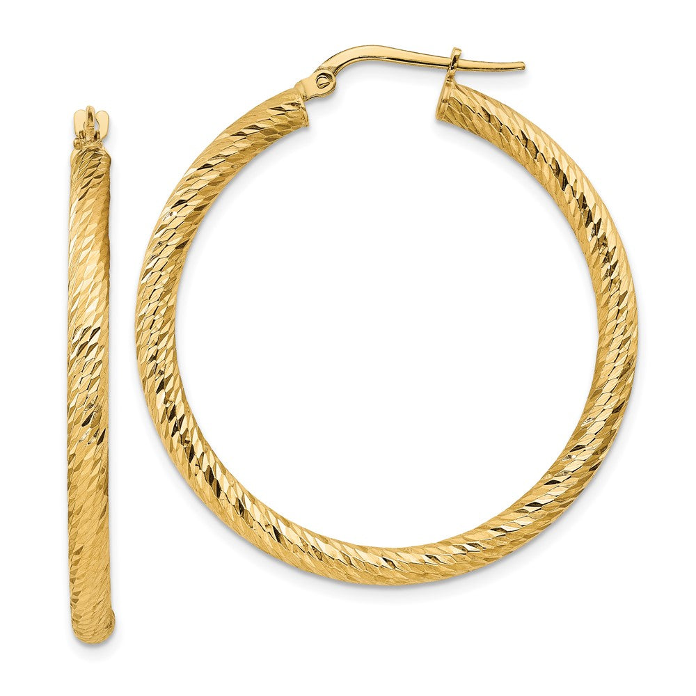 14K Yellow Gold Polished 3mm Diamond-Cut Round Hoop Earrings
