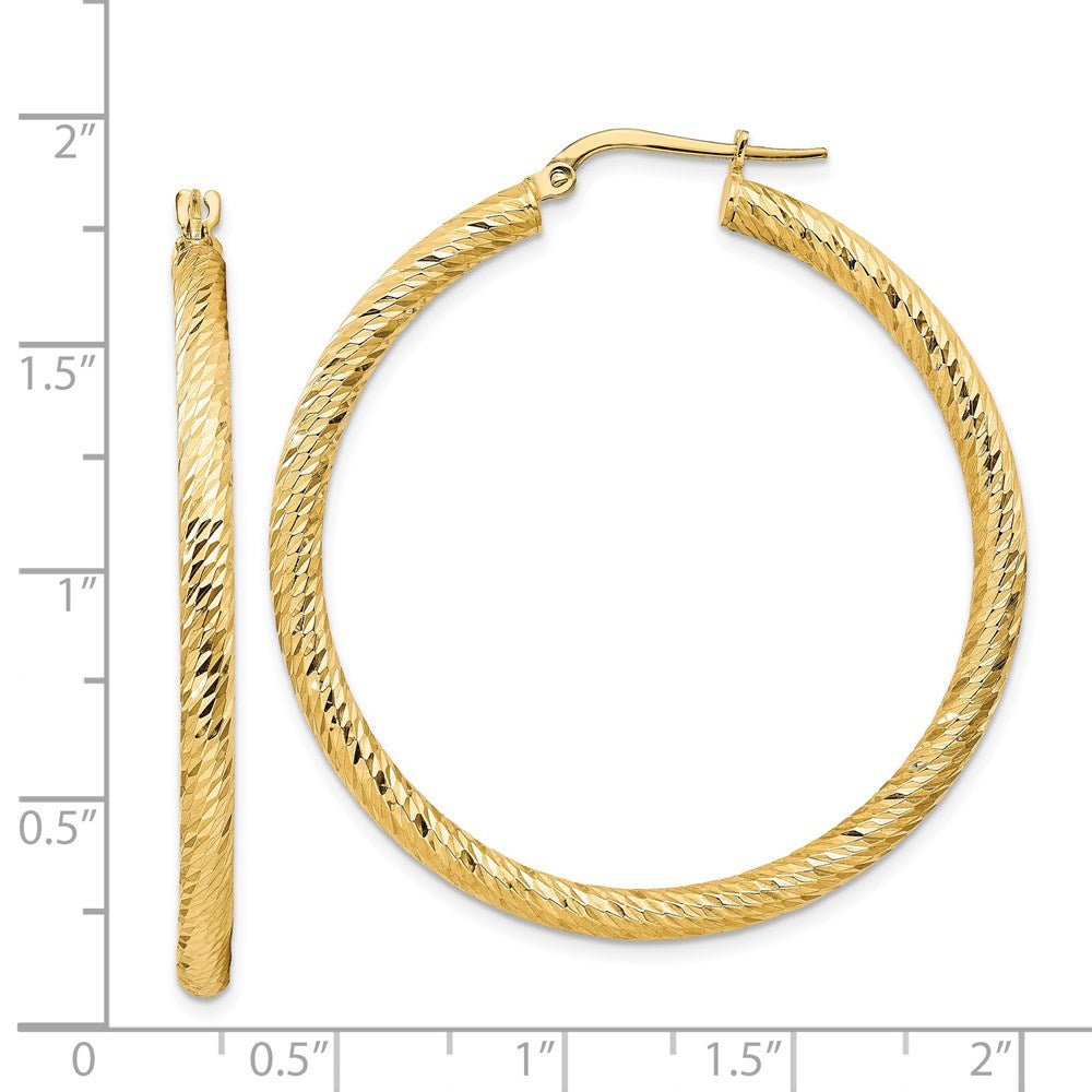 14K Yellow Gold 3X35mm Diamond-Cut Round Hoop Earrings