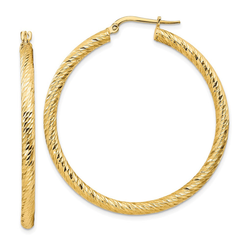 14K Yellow Gold 3X35mm Diamond-Cut Round Hoop Earrings