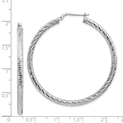 14K White Gold 3X40mm Diamond-Cut Round Hoop Earrings