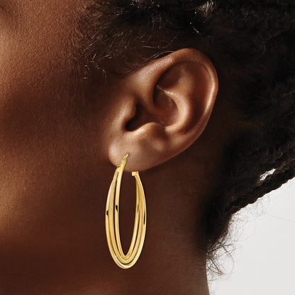 14K Yellow Gold Polished And Textured Twisted Fancy Oval Hoop Earrings