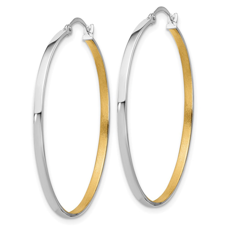 14K White Gold 14Kw W/Yellow Rhodium Polished And Brushed 2mm Hoop Earrings