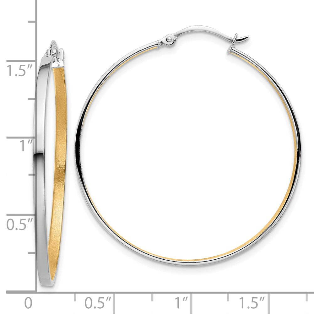 14K White Gold 14Kw W/Yellow Rhodium Polished And Brushed 2mm Hoop Earrings