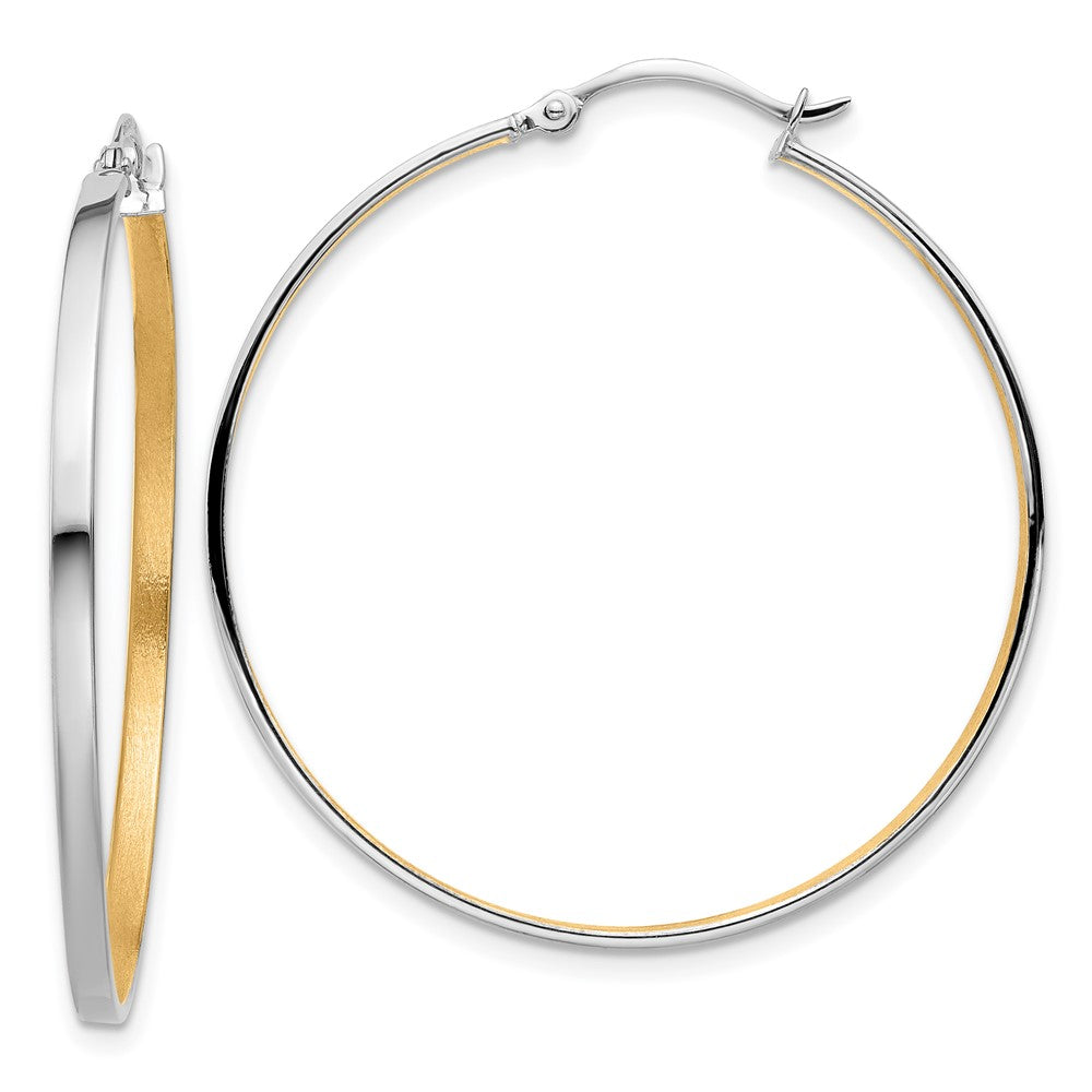 14K White Gold 14Kw W/Yellow Rhodium Polished And Brushed 2mm Hoop Earrings