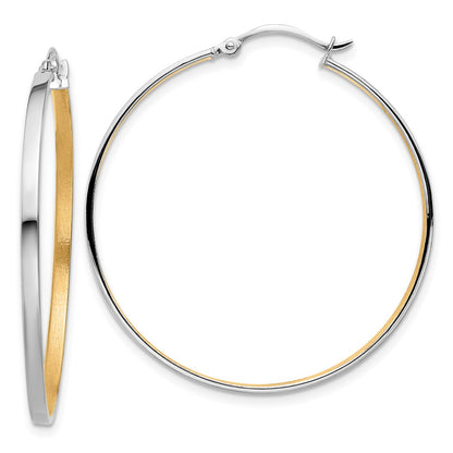 14K White Gold 14Kw W/Yellow Rhodium Polished And Brushed 2mm Hoop Earrings