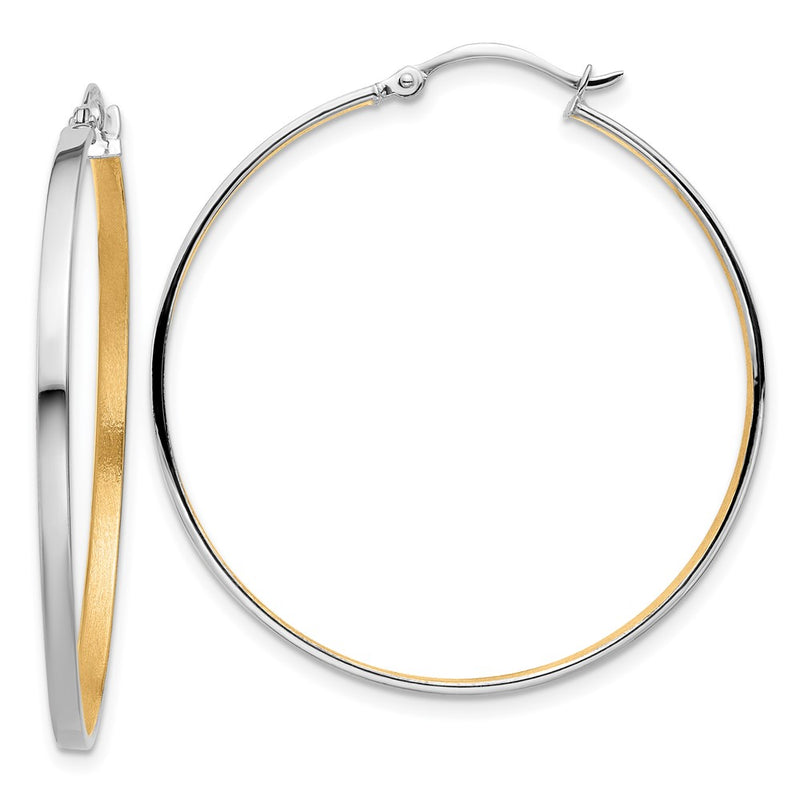 14K White Gold 14Kw W/Yellow Rhodium Polished And Brushed 2mm Hoop Earrings