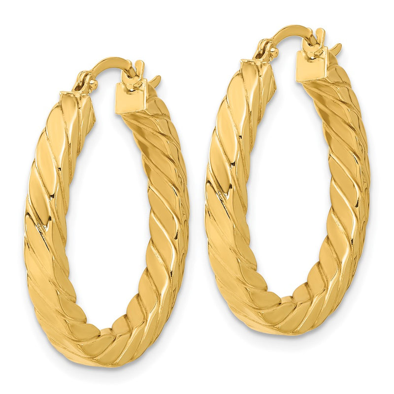 14K Yellow Gold Polished & Twisted 3mm Square Tube Hoop Earrings