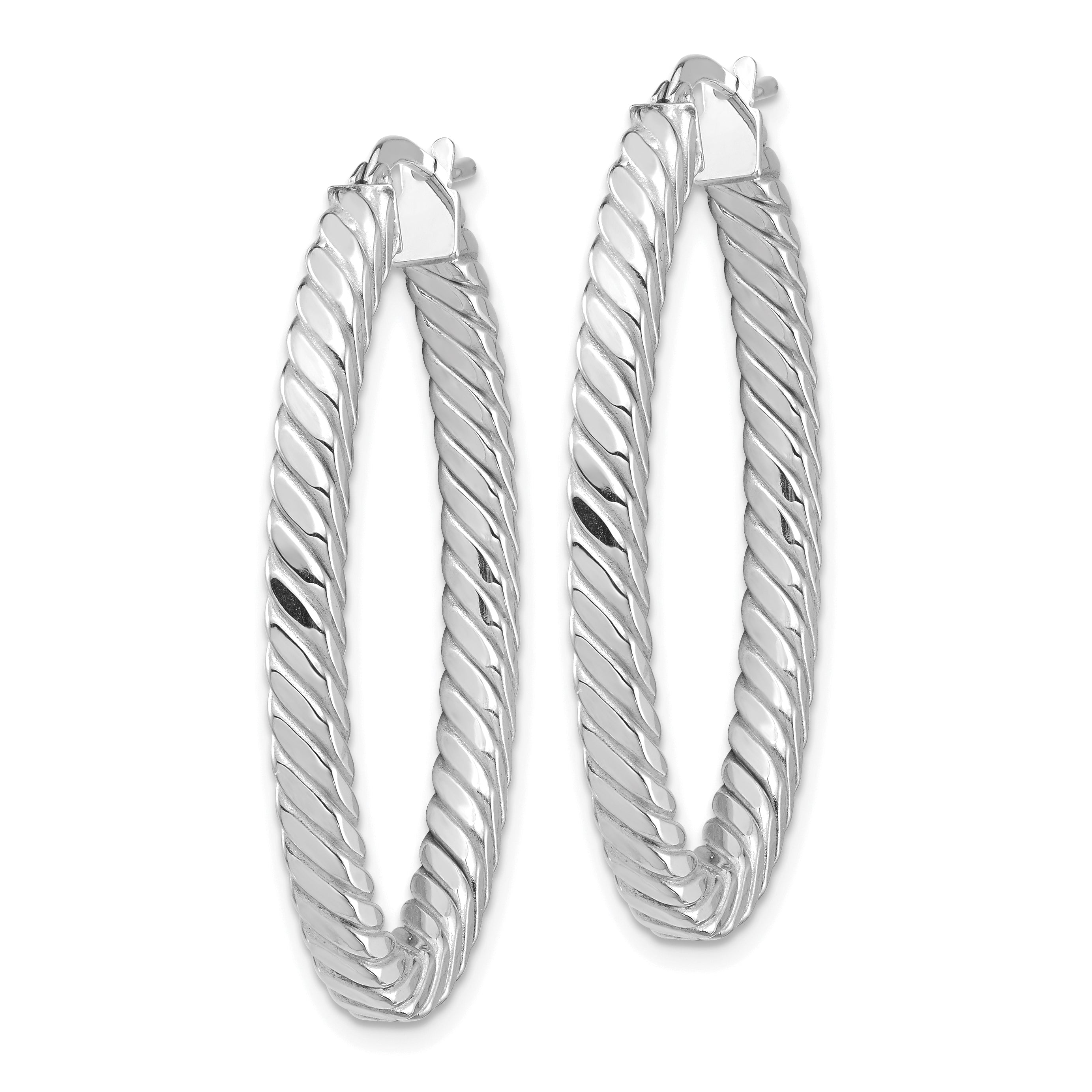 14K White Gold Polished & Twisted 3mm Square Tube Oval Hoop Earrings