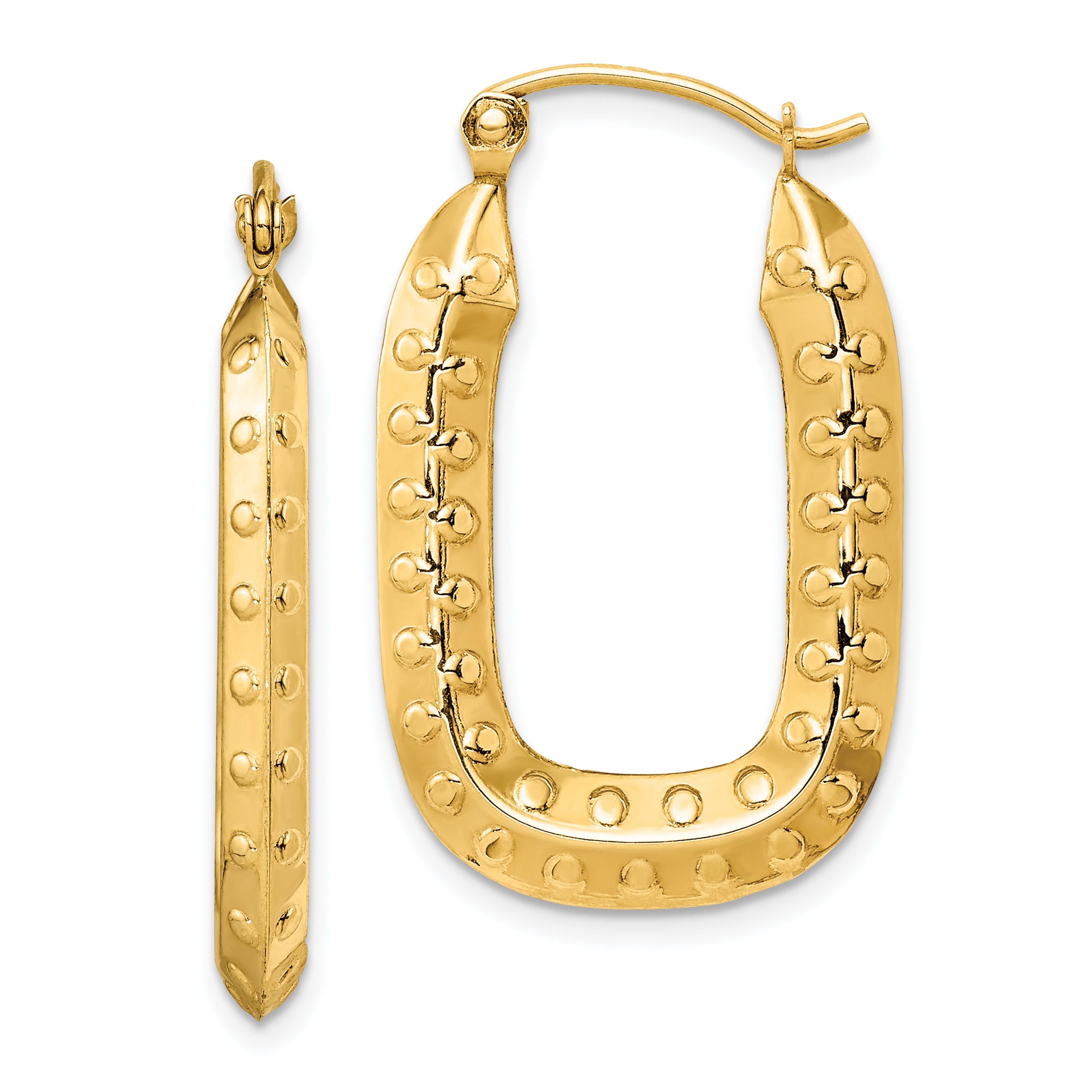 14K Yellow Gold Polished Textured Rectangle Hoop Earrings