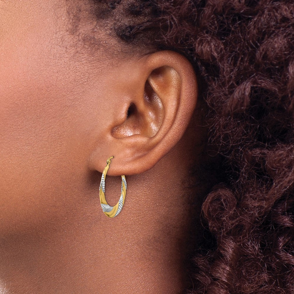 14K Yellow & Rhodium Textured Stamped Hoop Earrings