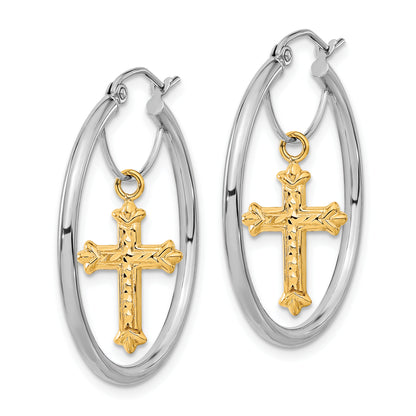 14K Two-Tone D/C Cross Dangle Hoop Earrings