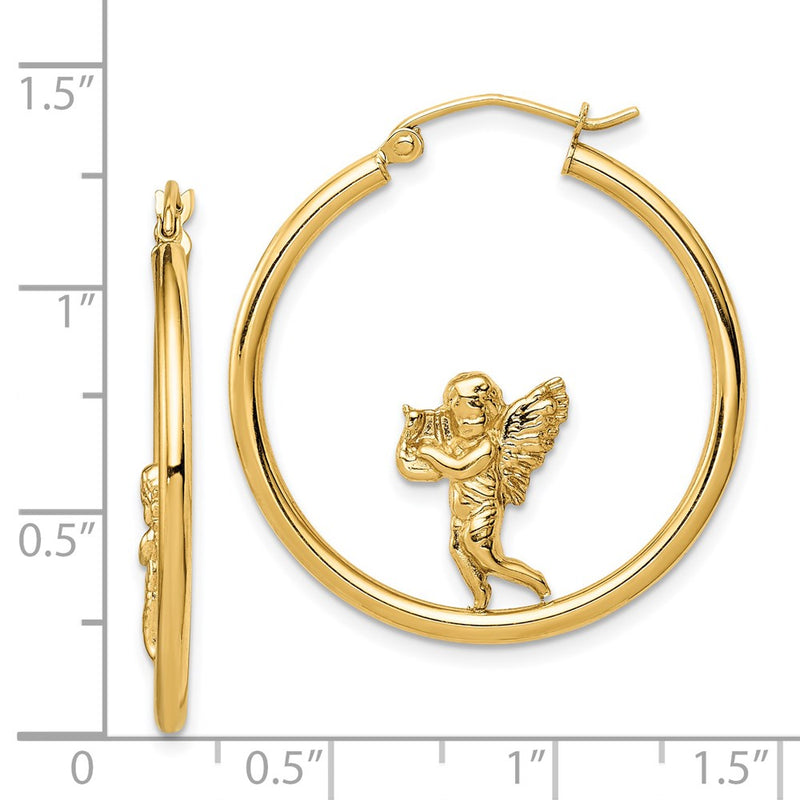 14K Yellow Gold With Angel Hoop Earrings