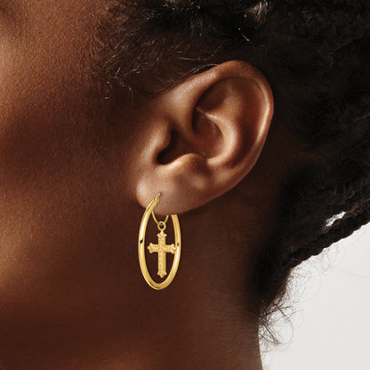 14K Yellow Gold With D/C Cross Dangle Hoop Earrings