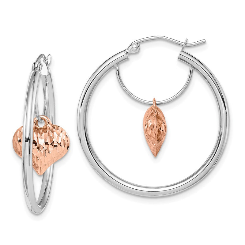 14K Two-Tone Rose And White D/C Heart Dangle Hoop Earrings