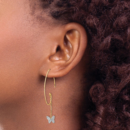 14K Two-Tone Cz Butterfly Dangle Earrings