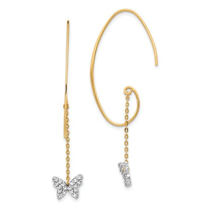 14K Two-Tone Cz Butterfly Dangle Earrings