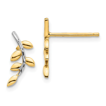 14K Yellow & Rhodium White Leaves Post Earrings
