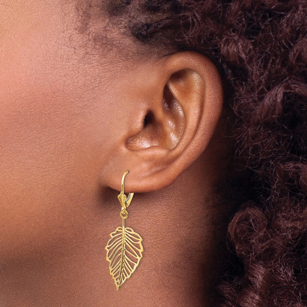 14K Yellow Gold Polished Leaf Leverback Earrings