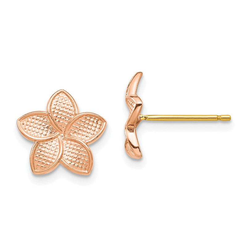 14K Two-Tone Rose Gold Polished & Textured Plumeria Yellow Post Earring Backs