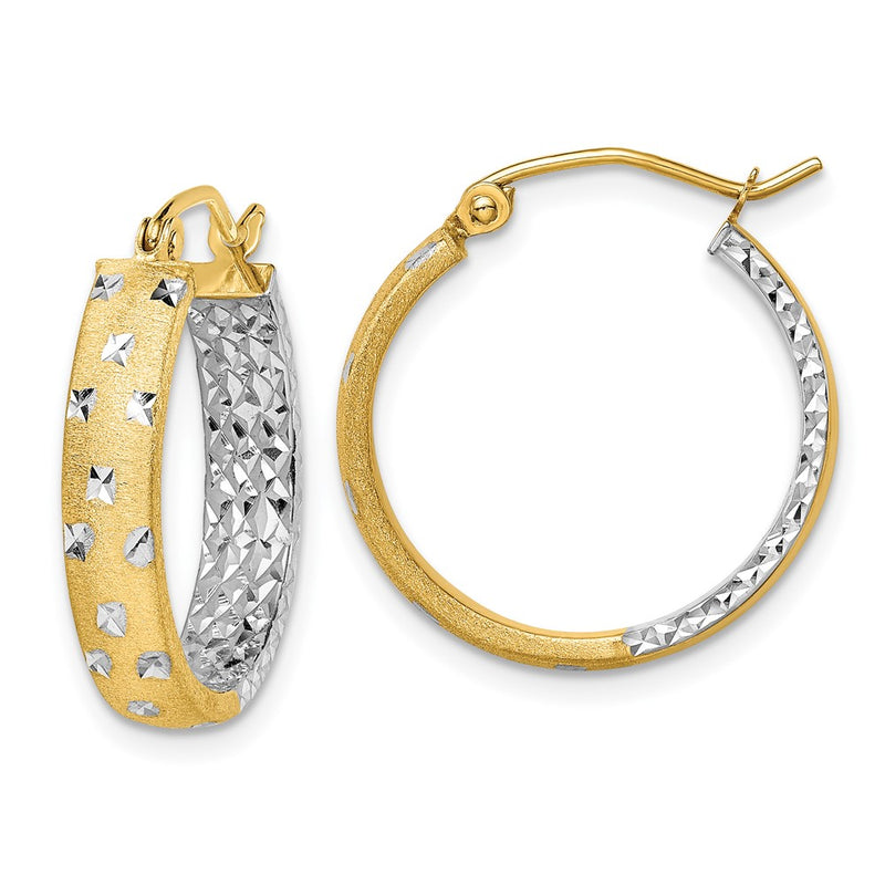 14K Yellow & Rhodium W/White Satin Polished Diamond-Cut In/Out Hoop Earrings