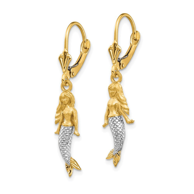 14K Yellow & Rhodium And White Brushed Polished Mermaid Earrings