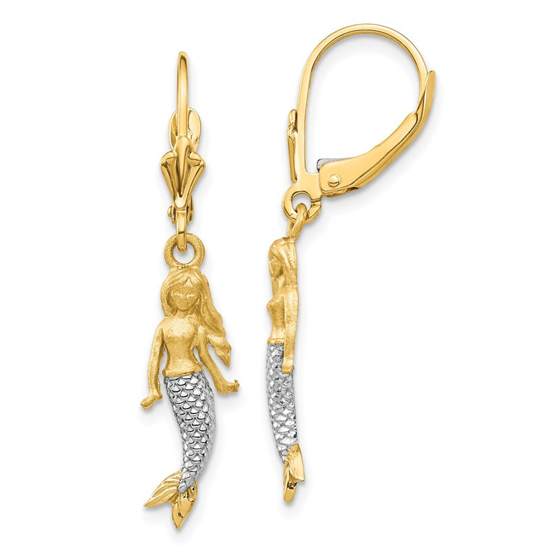14K Yellow & Rhodium And White Brushed Polished Mermaid Earrings