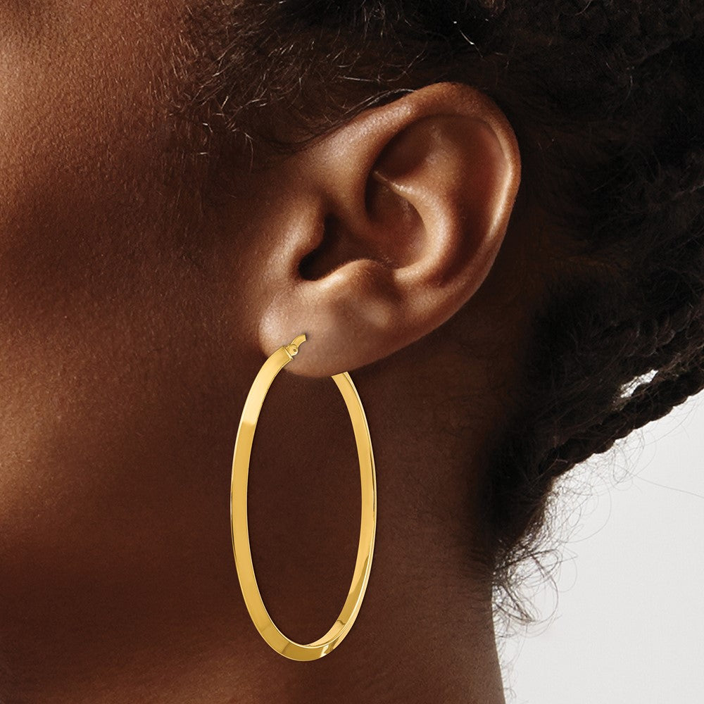 14K Yellow Gold Large 3mm Knife Edge Oval Hoop Earrings