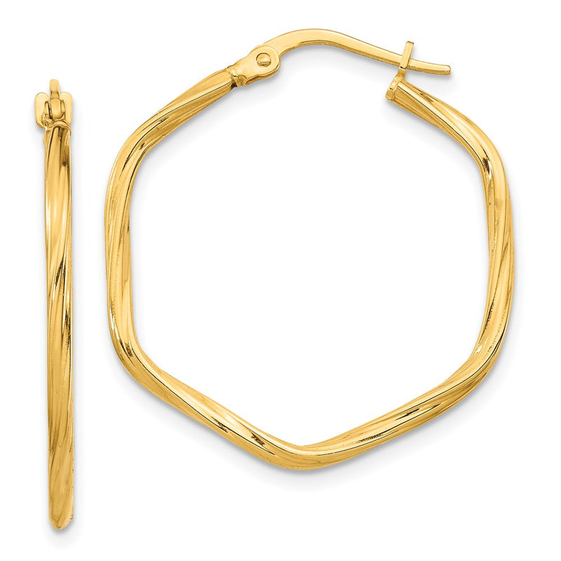 14K Yellow Gold 1X1mm Textured Twist Hexagon Hoop Earrings