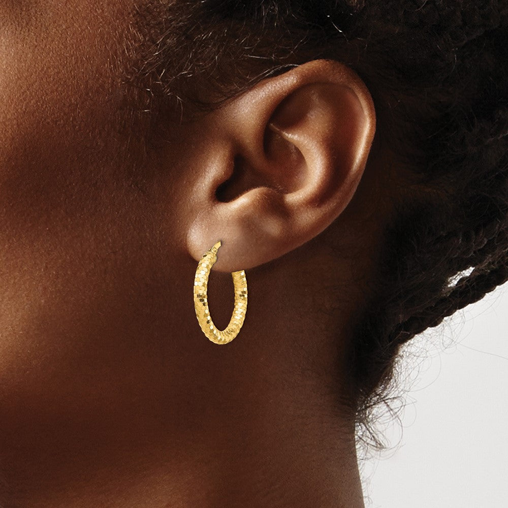 14K Yellow Gold 3X22mm Diamond-Cut Hoop Earrings