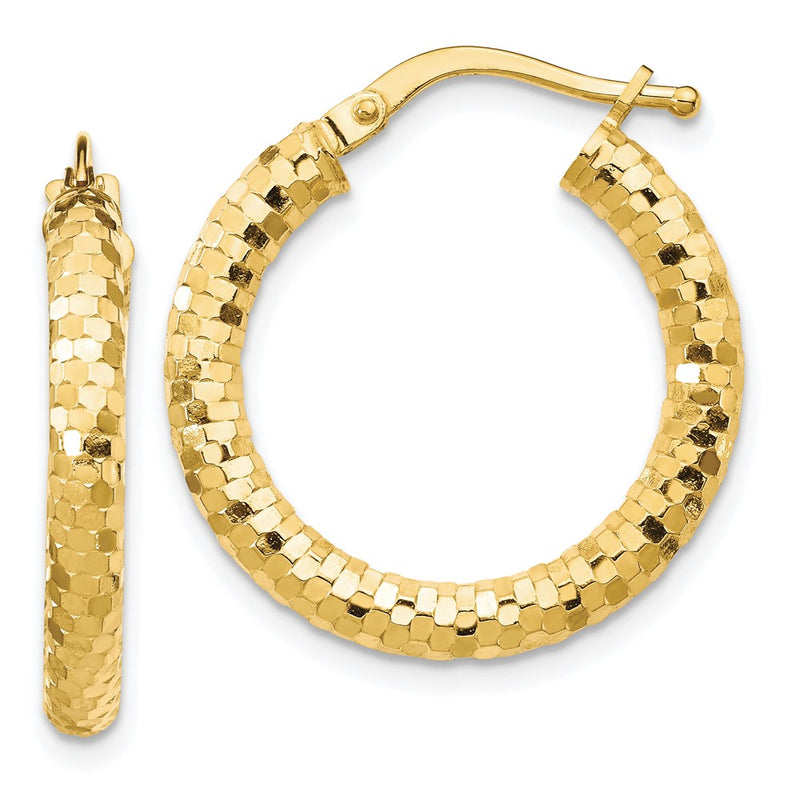 14K Yellow Gold 3X22mm Diamond-Cut Hoop Earrings
