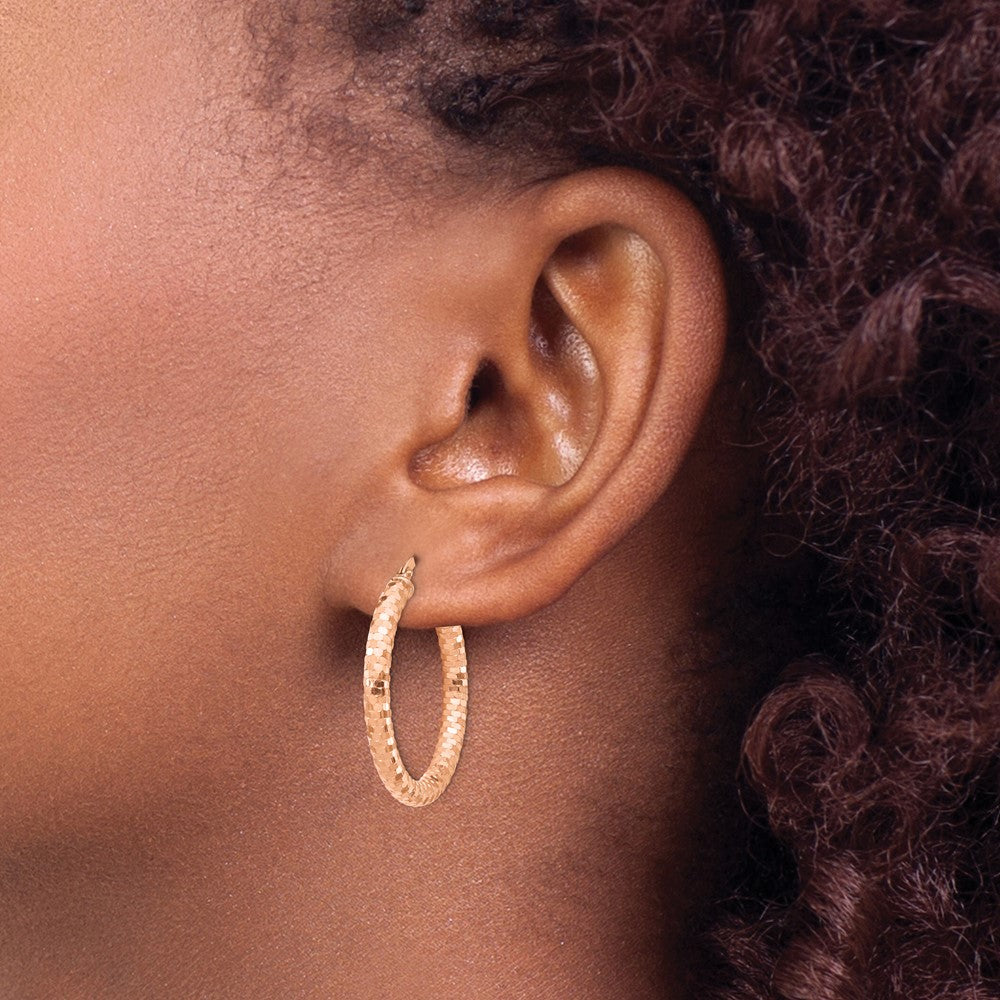 14K Rose Gold 3X27mm Diamond-Cut Hoop Earrings