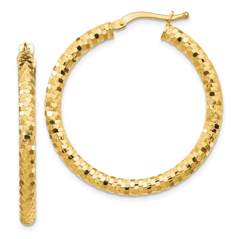14K Yellow Gold 3X32mm Diamond-Cut Hoop Earrings