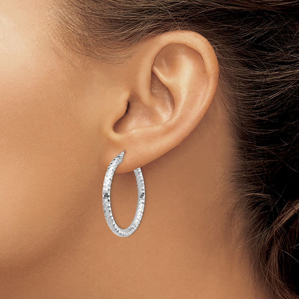 14K White Gold 3X32mm Diamond-Cut Hoop Earrings