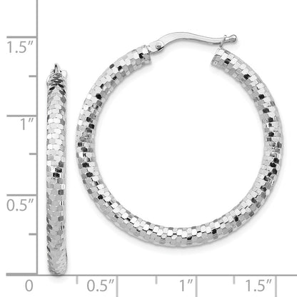 14K White Gold 3X32mm Diamond-Cut Hoop Earrings