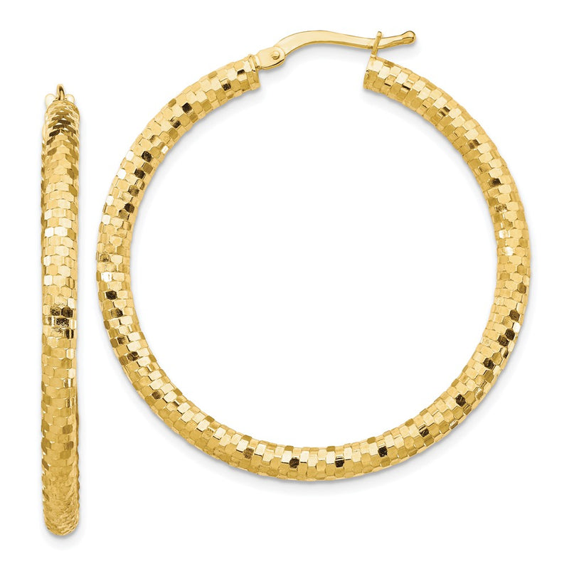 14K Yellow Gold 3X38mm Diamond-Cut Hoop Earrings