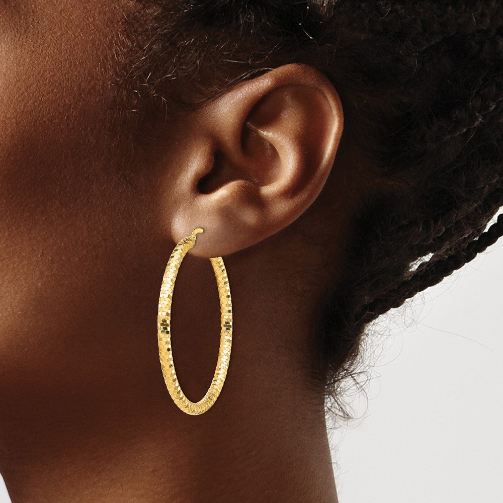 14K Yellow Gold 3X35mm Diamond-Cut Hoop Earrings