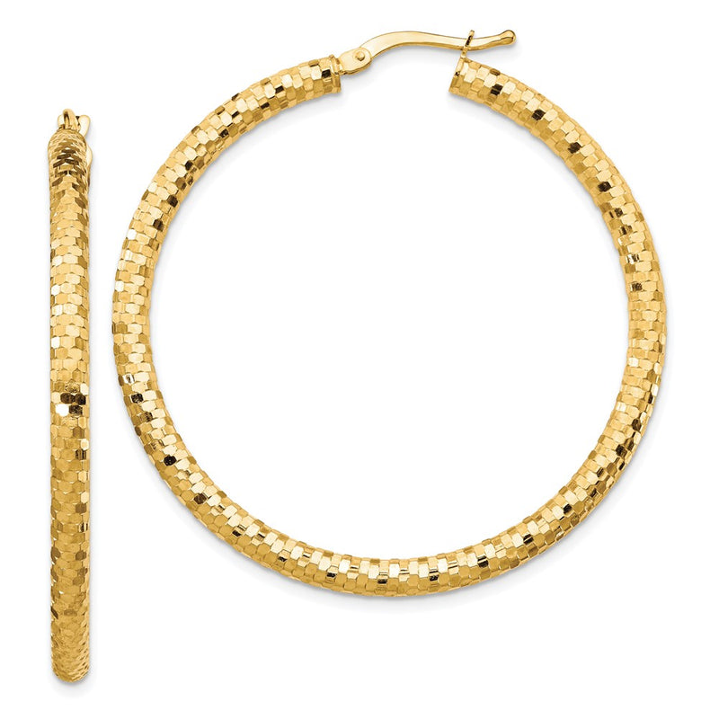 14K Yellow Gold 3X35mm Diamond-Cut Hoop Earrings